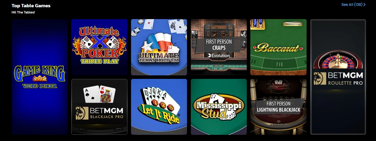 BetMGM Casino Top Table Games Screenshot