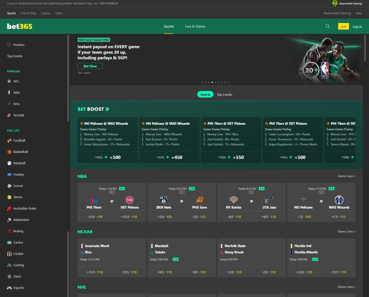 Bet365 Sportsbook Hub Screenshot