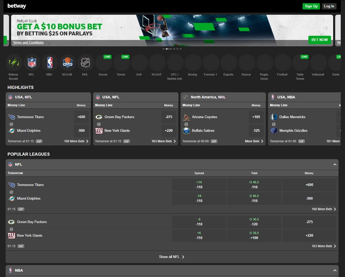 Betway Sportsbook Homepage Screenshot