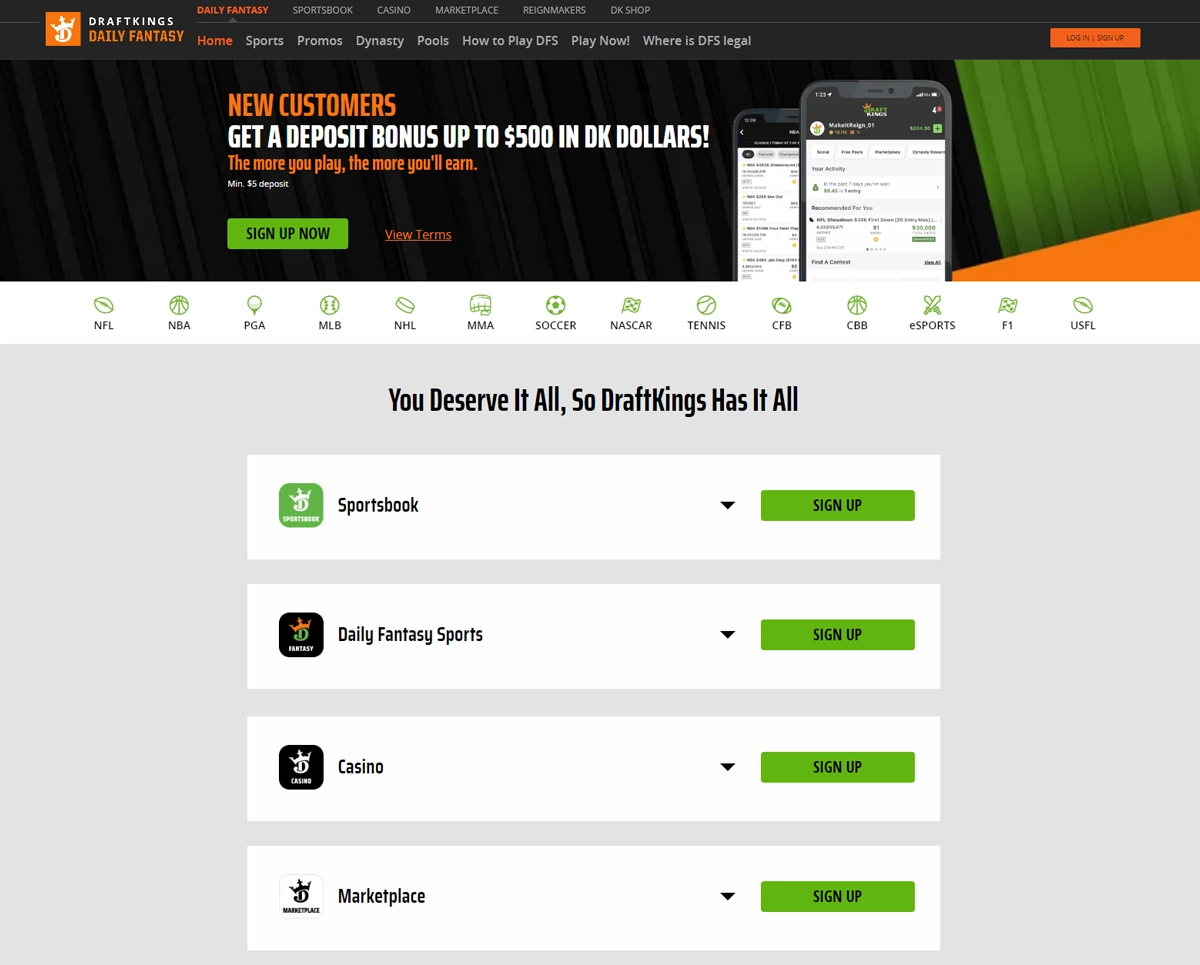 DraftKings DFS Hub Screenshot