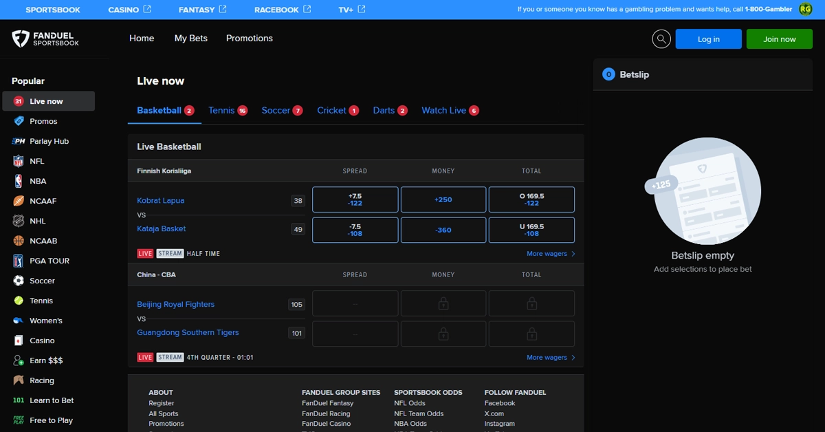 FanDuel Live Betting Screenshot