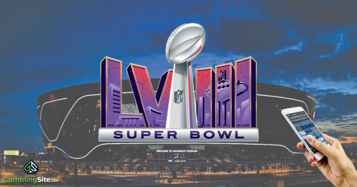 Super Bowl 58 Logo - Allegiant Stadium - Hand Holding a Mobile with a Betting App on the Screen - GamblingSite.com Logo