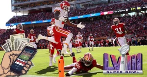 Chiefs vs 49ers - Super Bowl 58 - Hand Holding Mobile -Using Betting App - Money
