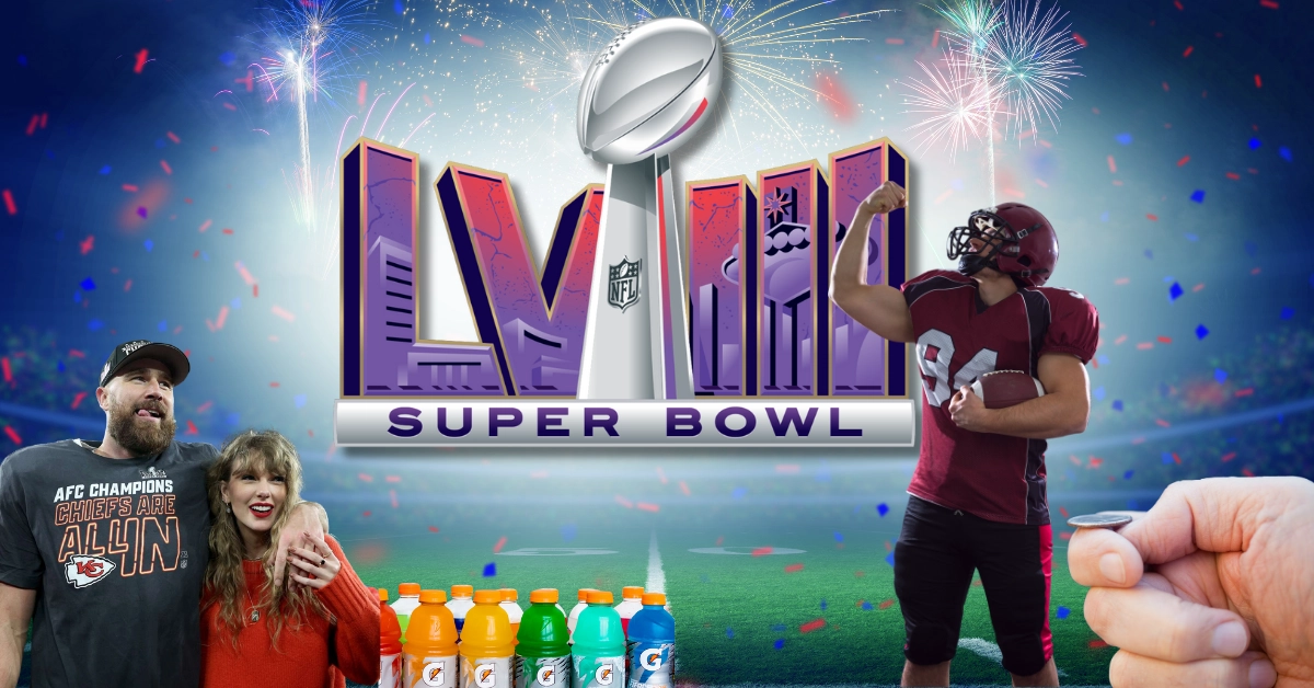 Super Bowl 58 Logo - Swift and Kelce - Gatorade Flavours - Coin Toss