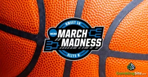 Sweet 16 - March Madness Logo - Basketball Ball Background - GamblingSite.com Logo