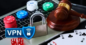 laptop with poker chips lock and gavel on top of with with a vpn graphic