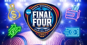 2024 Womans Final Four logo with basketball and glowing background with money neon icons