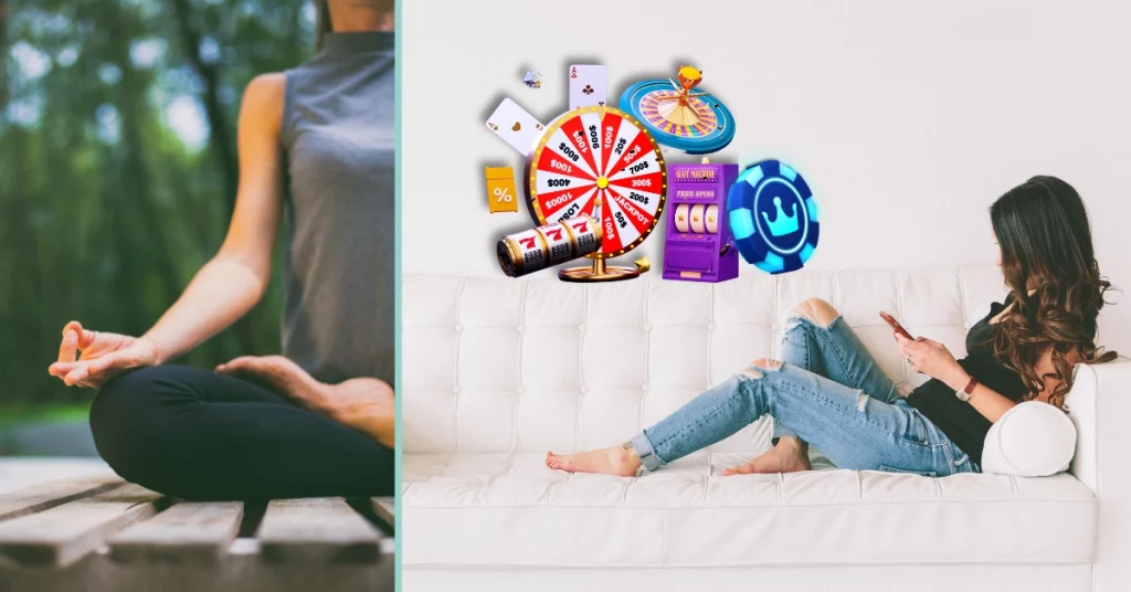 Woman Meditating - Woman Online Gambling Woman using while on Sofa - 3D Casino Games Graphs