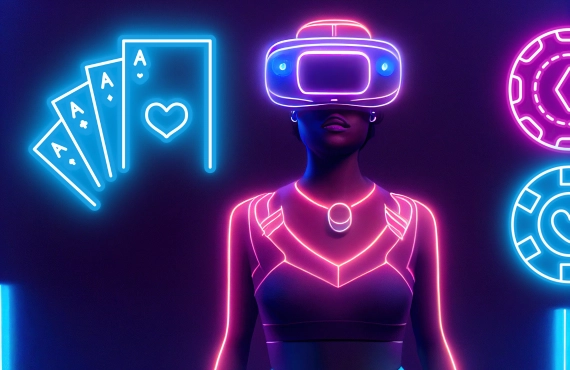 Woman Using VR Headset - Neon Lights - Neon Blue Aces - Neon Casino Chips