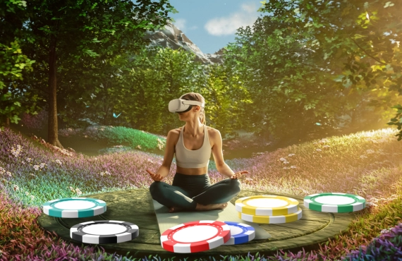 Woman Wearing VR Headset Practicing Meditation - Giant Casino Chips