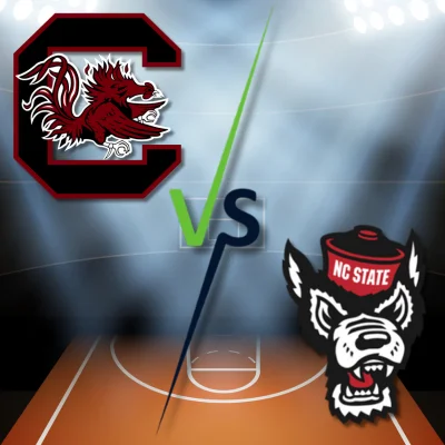 gamecock logo vs wolfpack logo with basketball court in background