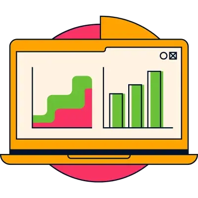 laptop with bar graphs on screen and circle graph behind it