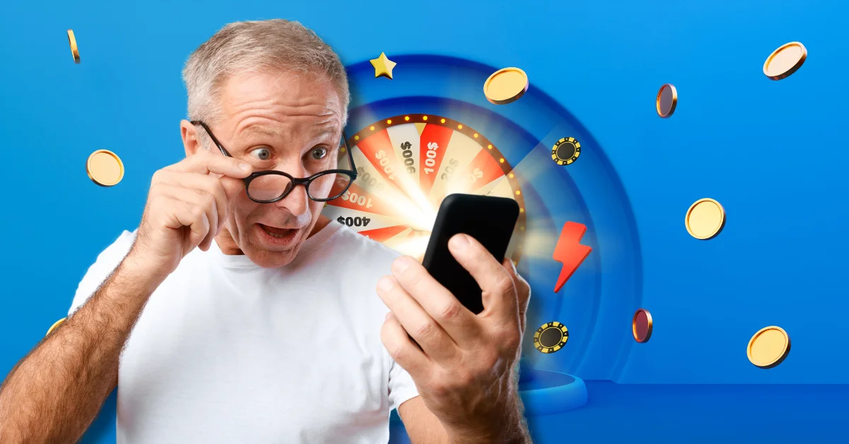 man looking at phone with surprise with coins and spinning wheel behind him