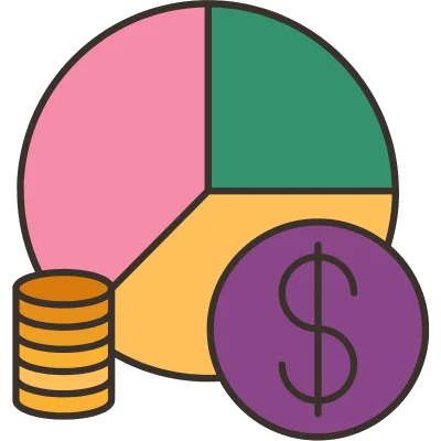 pie graph with three sections and coins next to it