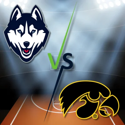 uconn logo vs hawkeyes logo with basketball background