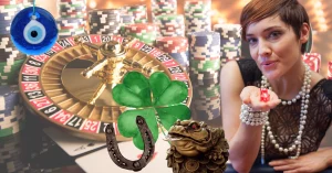 Different Casino Games and Accessories - Good Luck Charms - Woman holding and blowing on dice for luck
