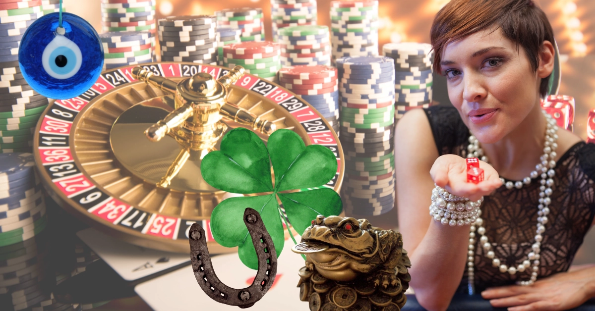 Different Casino Games and Accessories - Good Luck Charms - Woman holding and blowing on dice for luck