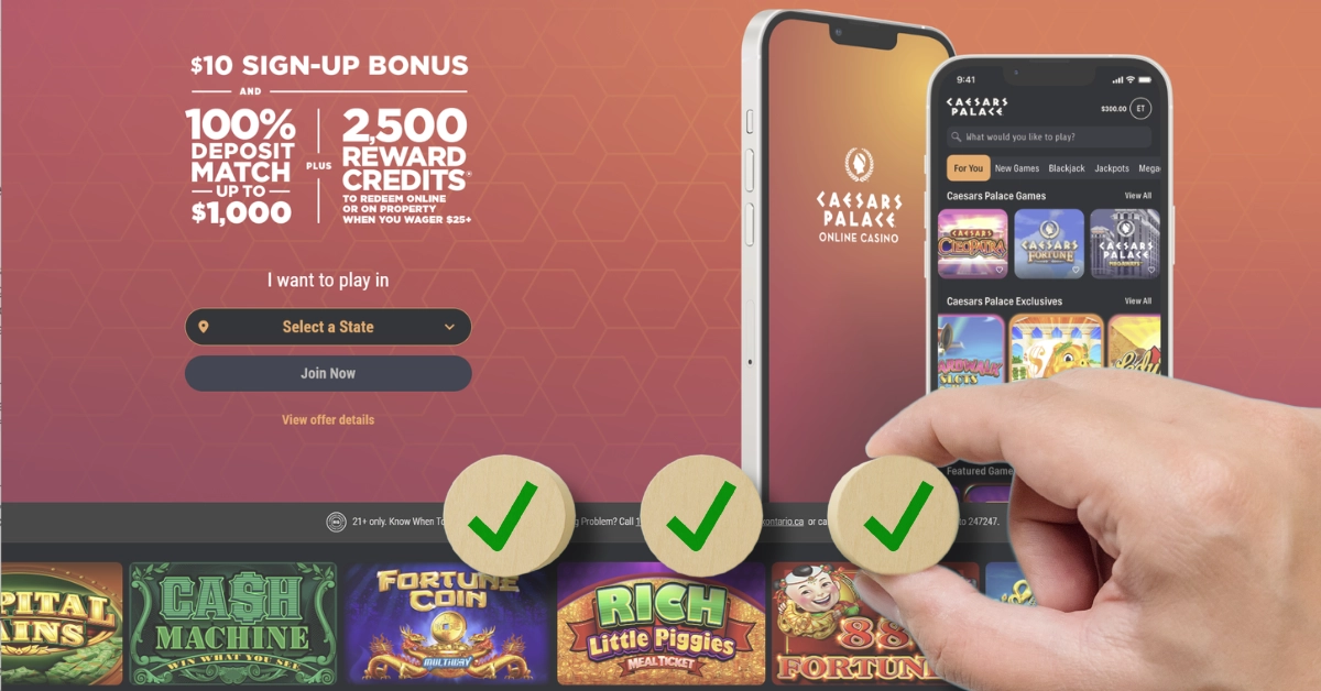 Caesars Palace Online Casino Hub Screenshot - Hand Placing Wooden Blocks with Green Check Marks