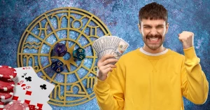 Zodiac signs horoscope circle on dark background. Astrology background - Cards and Casino Chips - Happy Man with Money Celebrating Success