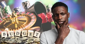 Casino Gambling Games Background - Wooden Cubes with Text Budget on Top of Money - Closeup Portrait of a Young Black Man Thinking Deeply