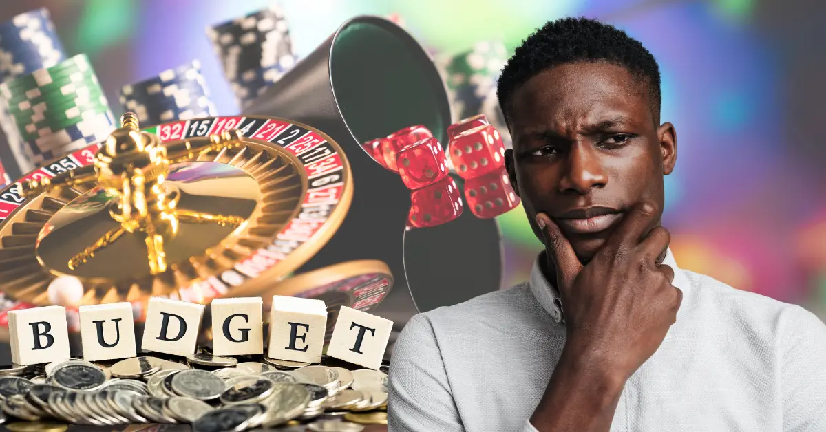 Casino Gambling Games Background - Wooden Cubes with Text Budget on Top of Money - Closeup Portrait of a Young Black Man Thinking Deeply