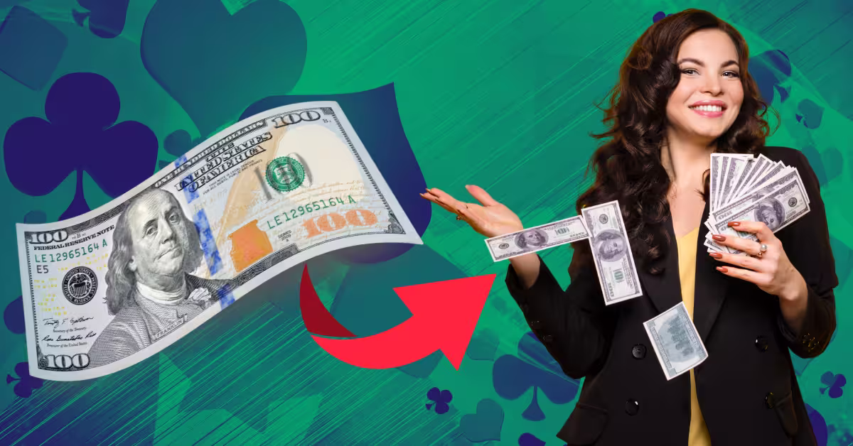 Gambling Green Tones Background - 100 Dollar Bill - Red Arrow - Happy Woman Holding Cash