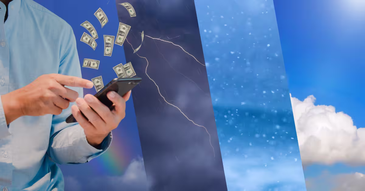 Different Weather Background - Close up Man Hand Holding Smartphone and Money Coming Out