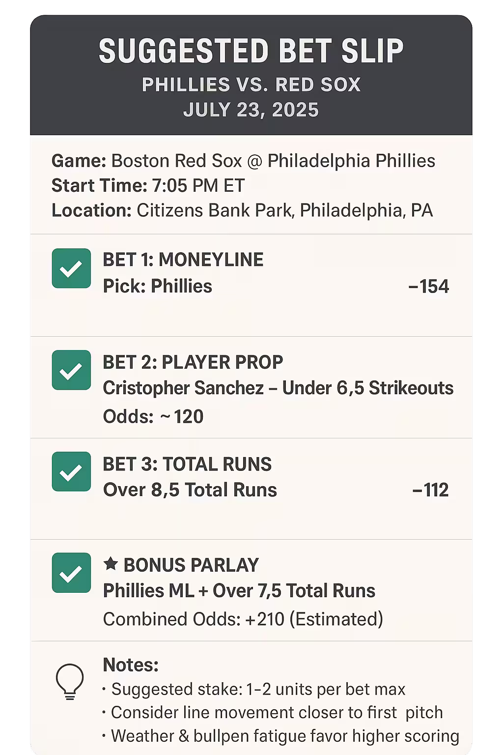 PHI vs BOS - 07/23/25 - Betting Slip