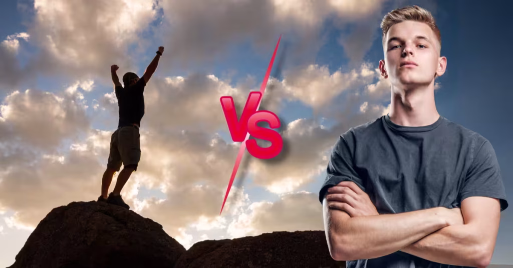 Betting Confidence vs. Overconfidence - Confident Man with Arms Raised - Overconfident Male Is Looking to the Camera Crossed His Hands