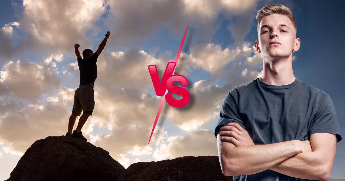 Betting Confidence vs. Overconfidence - Confident Man with Arms Raised - Overconfident Male Is Looking to the Camera Crossed His Hands