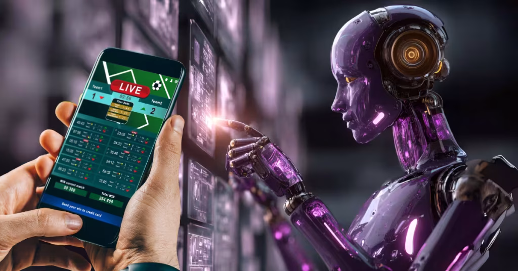AI Interaction a Futuristic Data Analyst Robot - Man Making Bets Online - AI-Generated Sports Picks