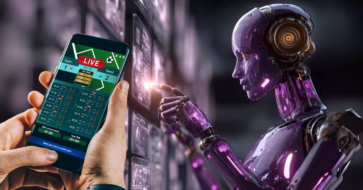 AI Interaction a Futuristic Data Analyst Robot - Man Making Bets Online - AI-Generated Sports Picks