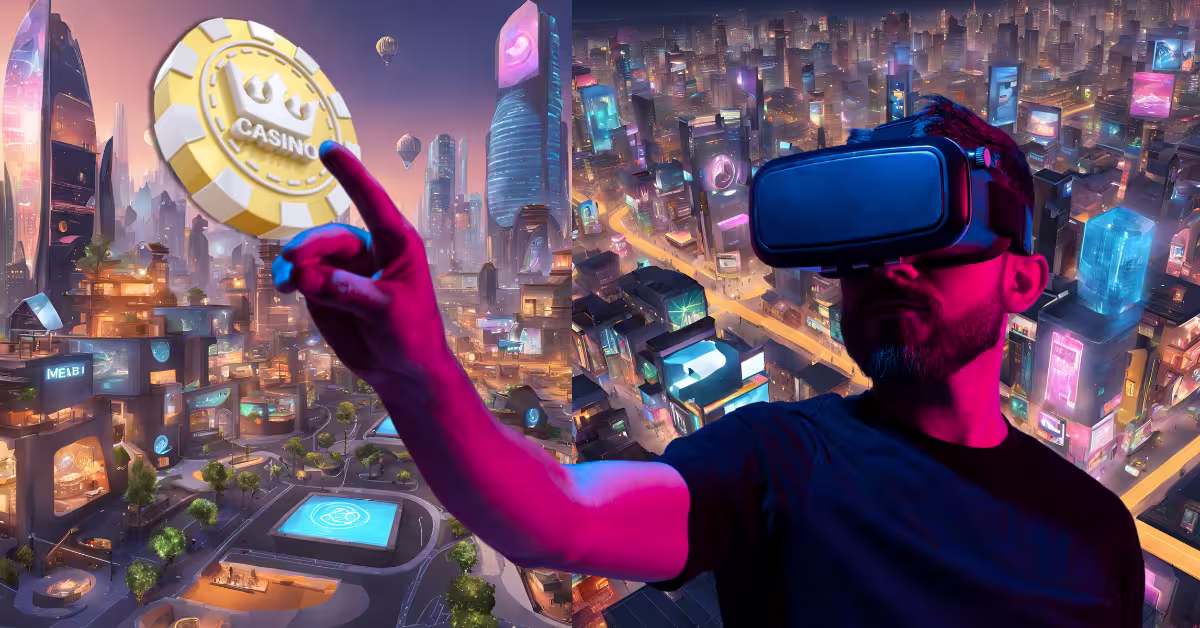 Metaverse City - Man Using Virtual Reality Glasses - Casino Chip