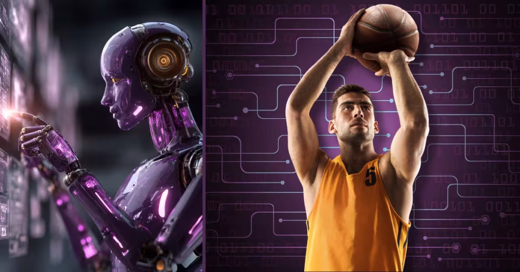 Futuristic Data Analyst Robot - Basketball Player Shooting - AI Predicting Shooting Slumps