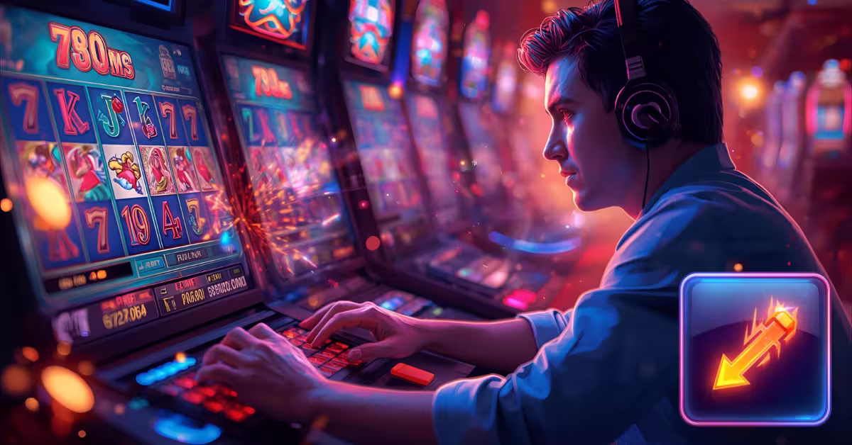 A man wearing headphones plays a slot machine in a dimly lit casino, with colorful screens and gaming symbols visible. Dynamic RTP Icon