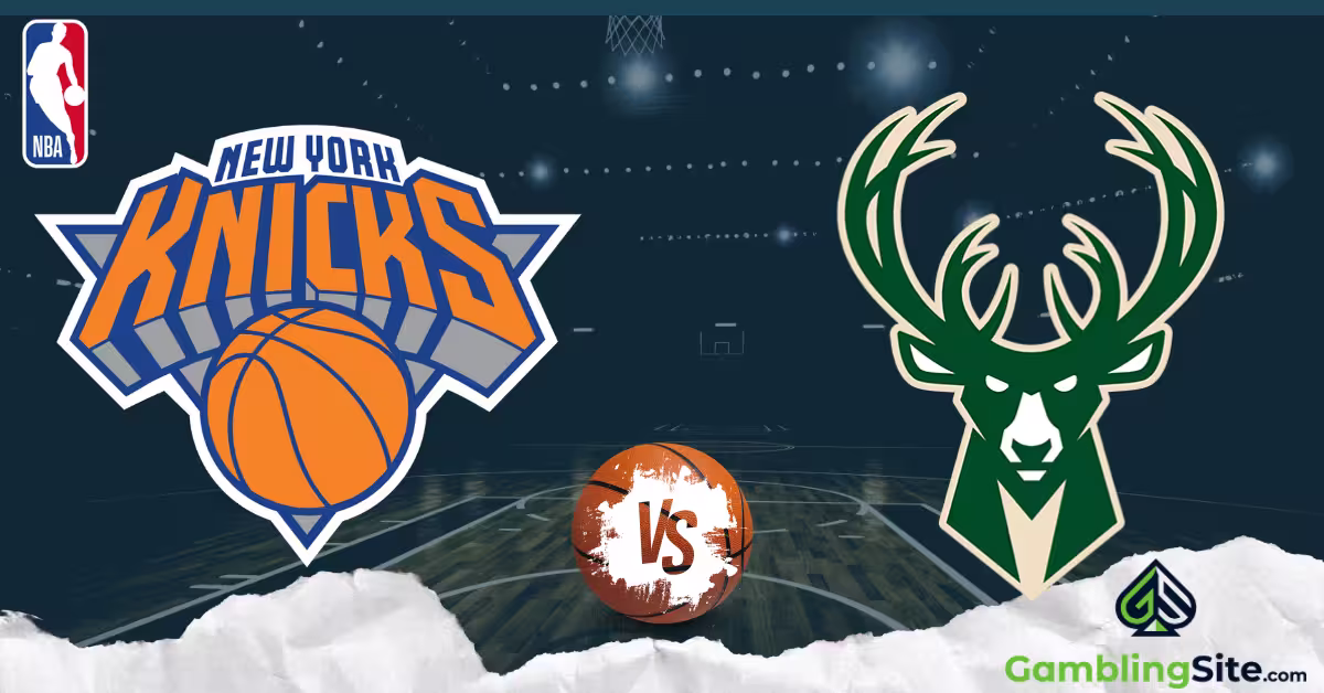 New York Knicks vs. Milwaukee Bucks - NBA Logo - GamblingSite.com Logo