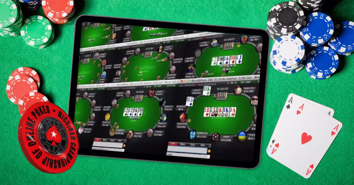 Poker Table - MICOOP Logo - Casino Chips and Cards- Tablet with Several Casino Tables
