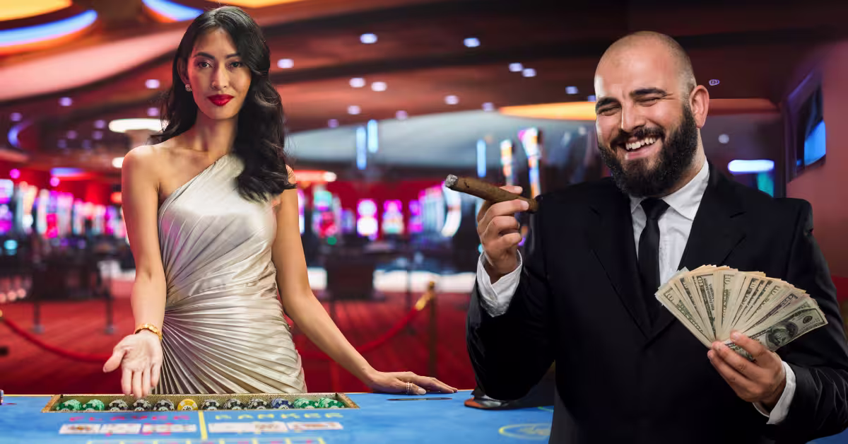 Profesional Asian Croupier Dealing Playing Cards on a Baccarat Table - Man Wearing a Suit, Smoking a Cigar and Holding Money