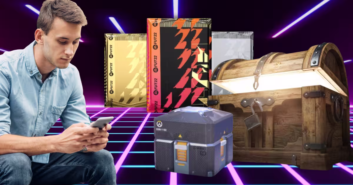 Young Man Only Focus on Smartphone - Different Loot Boxes and Card Packs