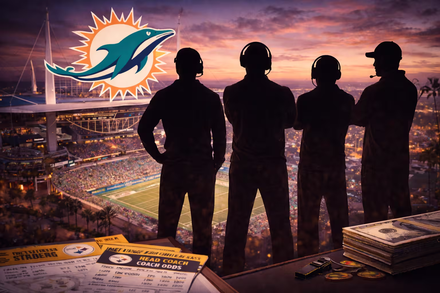 Four football coach silhouettes standing above Hard Rock Stadium with the Miami Dolphins logo in the background