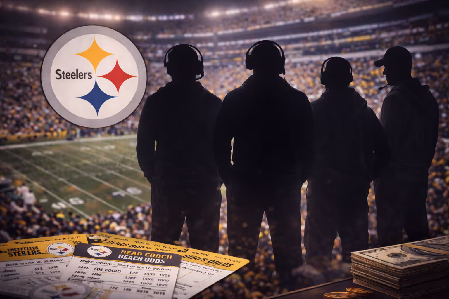 Four football coach silhouettes standing in front of the Pittsburgh Steelers logo at a football stadium
