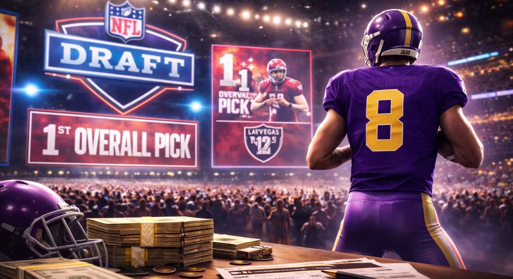 Football player wearing a purple jersey with number 8 standing in front of an 2026 NFL Draft stage