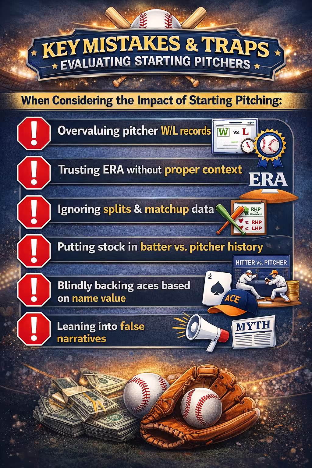 MLB betting strategy infographic highlighting key mistakes when analyzing starting pitchers such as overvaluing ERA and ignoring splits