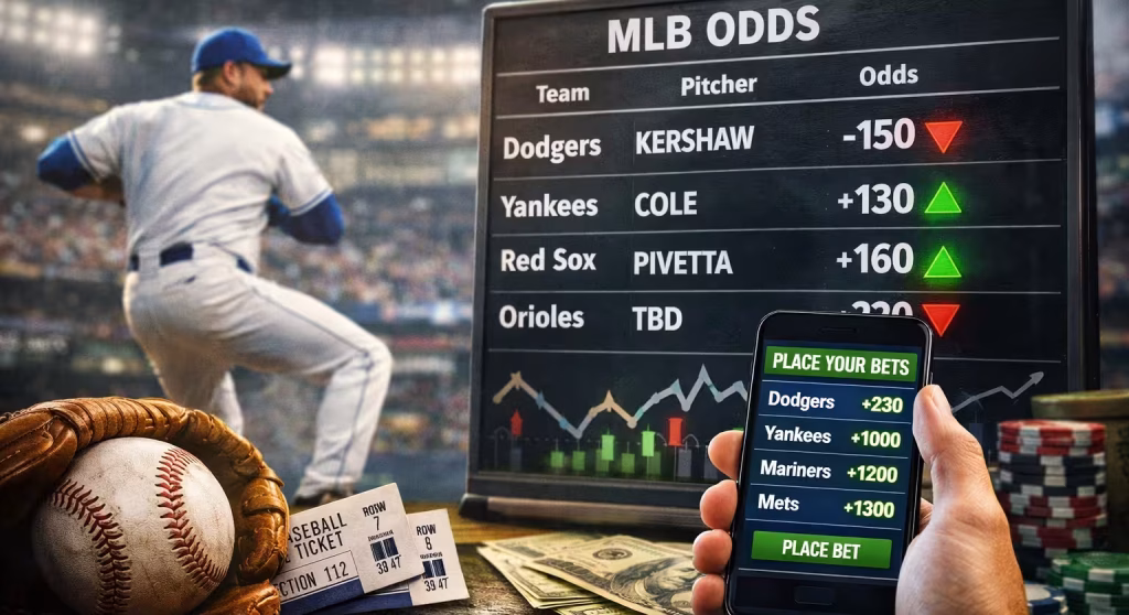 Starting pitchers influencing MLB betting odds displayed on sportsbook board and mobile app with line movement indicators