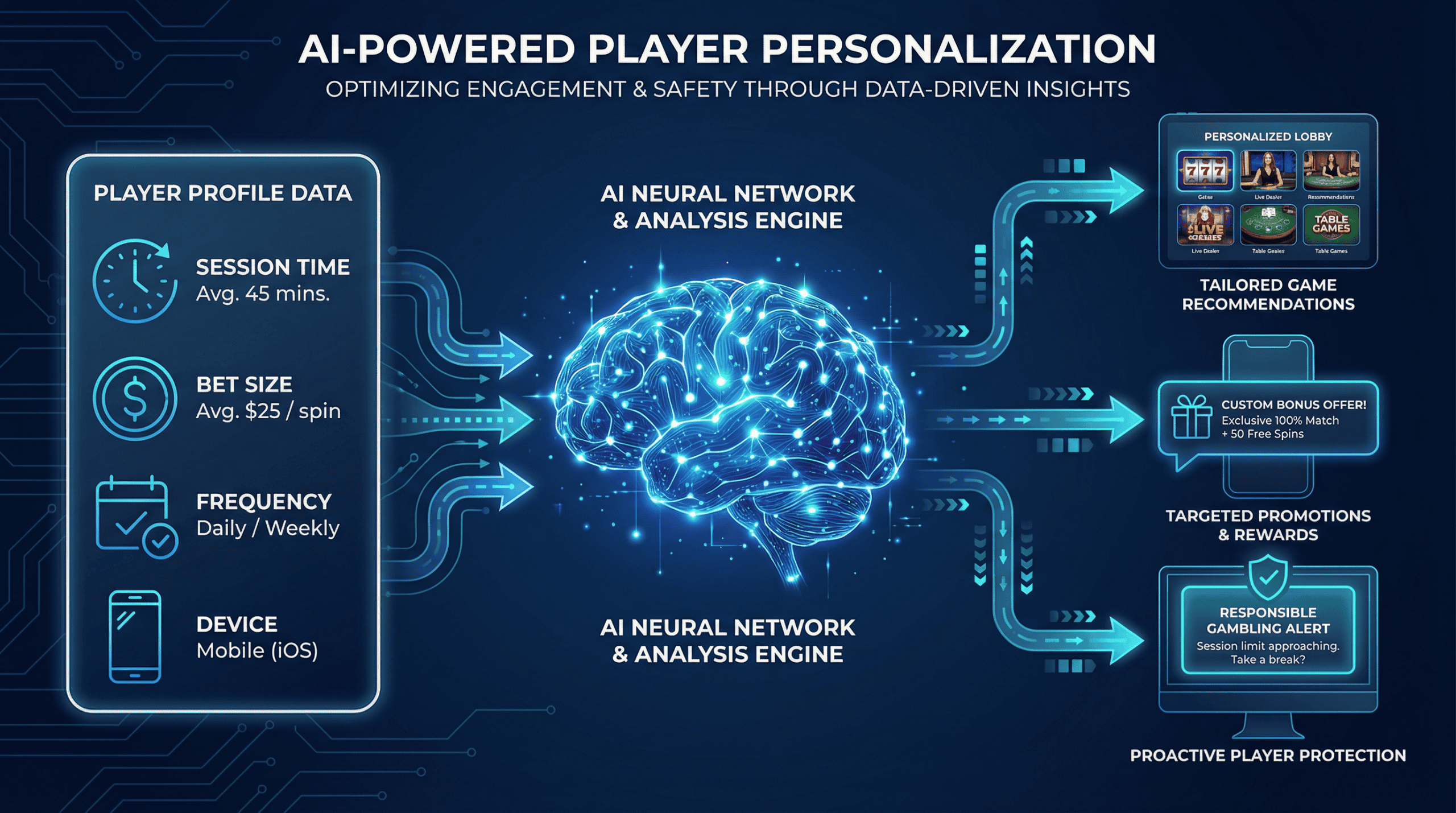 Infographic showing how AI processes player behavioral data to deliver personalized game recommendations, targeted promotions, and responsible gambling alerts