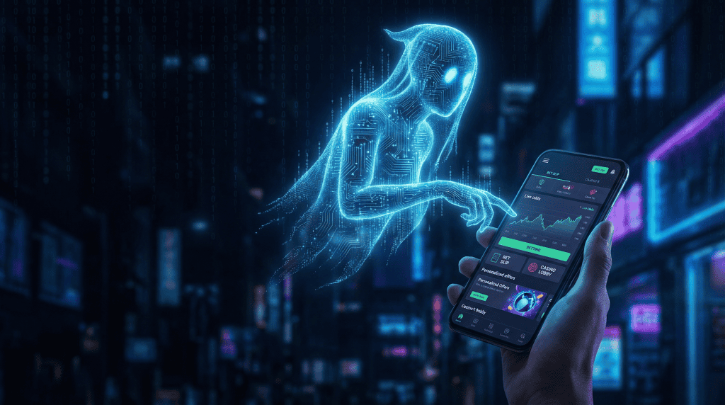 A ghost-like AI entity made of glowing blue circuit patterns hovers over a smartphone showing a personalized betting app interface