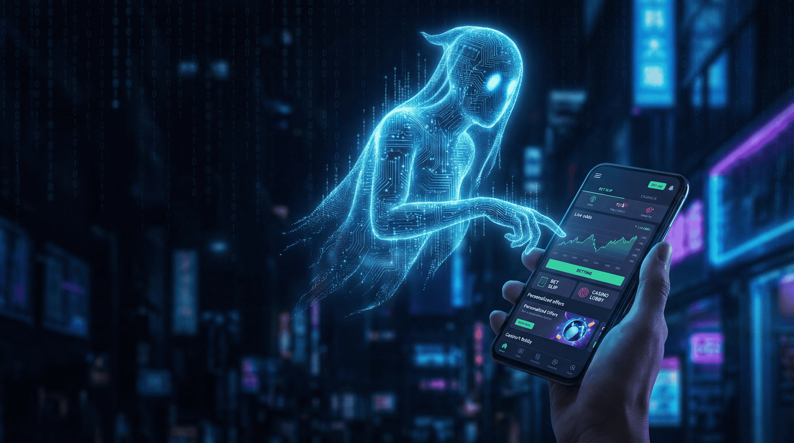 A ghost-like AI entity made of glowing blue circuit patterns hovers over a smartphone showing a personalized betting app interface
