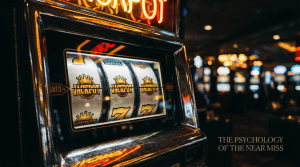 Slot machine reels showing two jackpot symbols aligned with the third stopped just below the payline — a programmed near-miss