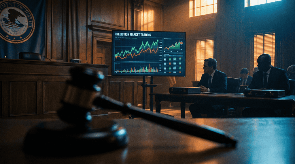 Courtroom gavel with prediction market trading charts displayed on screen in background