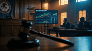 Courtroom gavel with prediction market trading charts displayed on screen in background